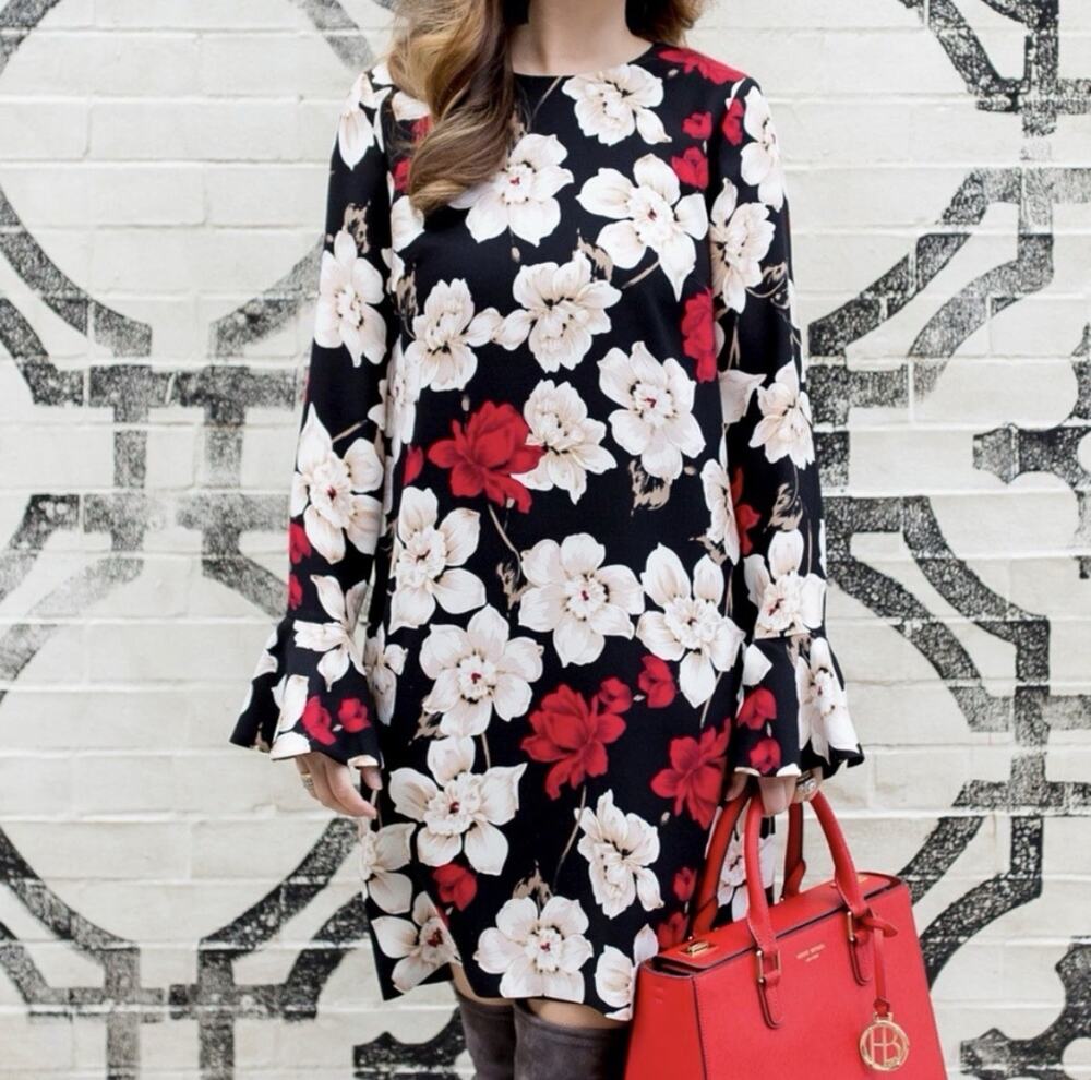 CeCe Womens Floral Mini Dress Size 12 Black Beige Red Long Bell Sleeve Lined